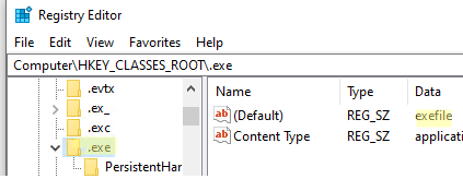 ассоциации для exefile в реестре Windows