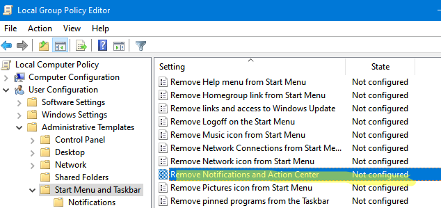 Параметр групповой политики Remove Notifications and Action Center 