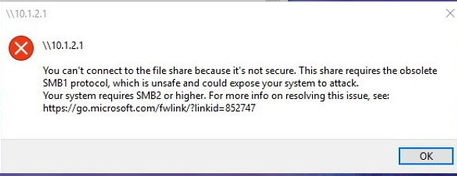Эта общая папка работает по устаревшему протоколу SMB1, который небезопасен и может подвергнуть вашу систему риску атаки. Вашей системе необходимо использовать SMB2 или более позднюю версию 