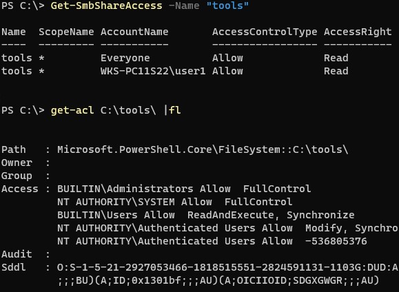 проверьте разрешения доступа на сетевую папку с помощью powershell