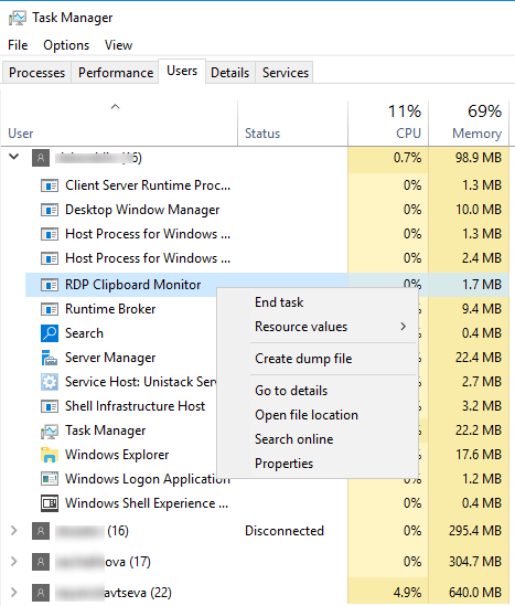 Не работает буфер обмена в RDP сессии Windows 2 завершить процесс rdpclip.exe (RDP Clipboard Monitor)