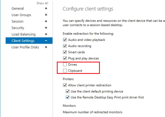 Не работает буфер обмена в RDP сессии Windows 9 настройки RDS коллекции - запретить буфер обмена и копирование файлов