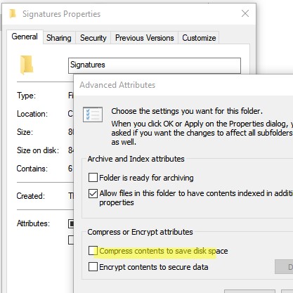 отключить ntfs сжатие каталога signatures для outlook
