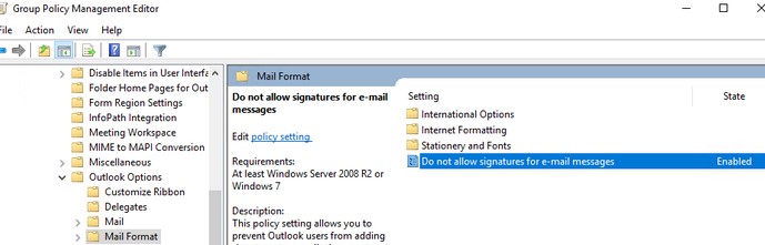 групповая политика отключает подпись в outlook
