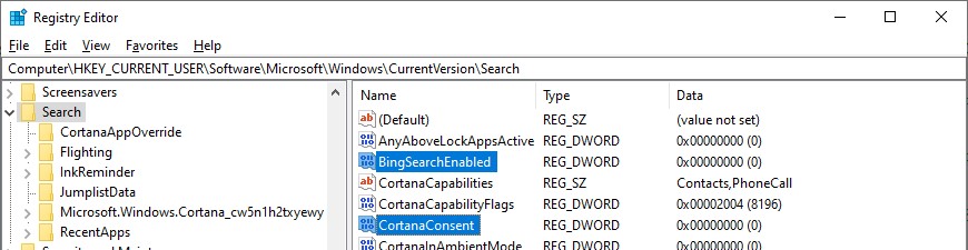 реестр BingSearchEnabled отключить интеграцию с bing 