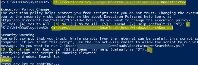 poweshell скрипт для сброса настроек поиска в windows