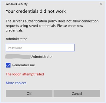 Политика проверки подлинности на сервере не допускает запросы на подключение с использованием сохраненных учетных данных.