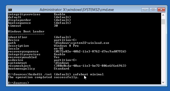 bcdedit - принудительная загрузка Windows 8 в безопасном режиме