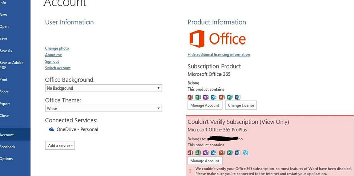 Не удалось проверить подписку We couldn’t verify your Office 365 subscription, so most features of Word, Excel, Outlook have been disabled