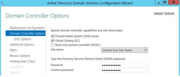 Параметры нового контроллера домена Windows Server 2012