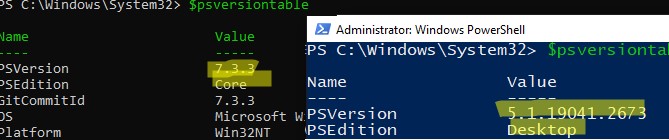 две версии powershell на компьютере core и desktop