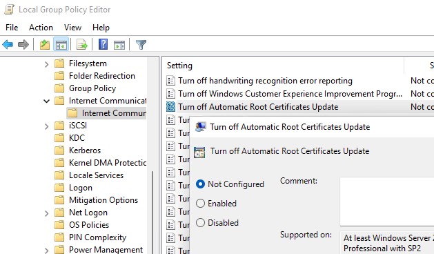 включить или отключить автоматическое обновление корневых сертфикатов в Windows с помощью GPO