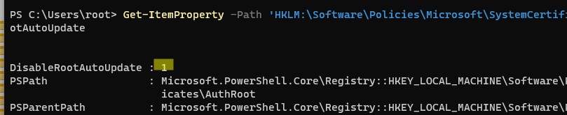 параметр реестра DisableRootAutoUpdate - отключение обновление доверенных корневых сертификатов