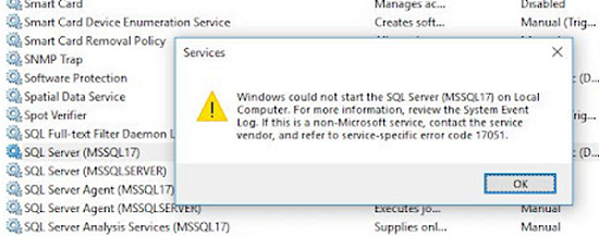 Windows could not start the SQL Server ошибка 17051
