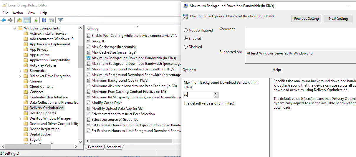 новый параметр политик Maximum Foreground Download Bandwidth (in kb/s) 