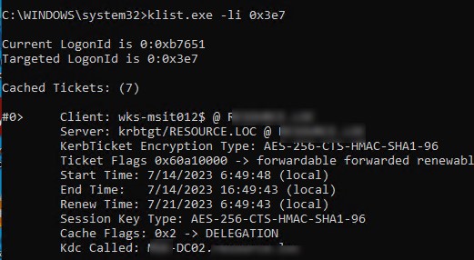 klist-0x3e7 вывести список биетов kerberos компьютера