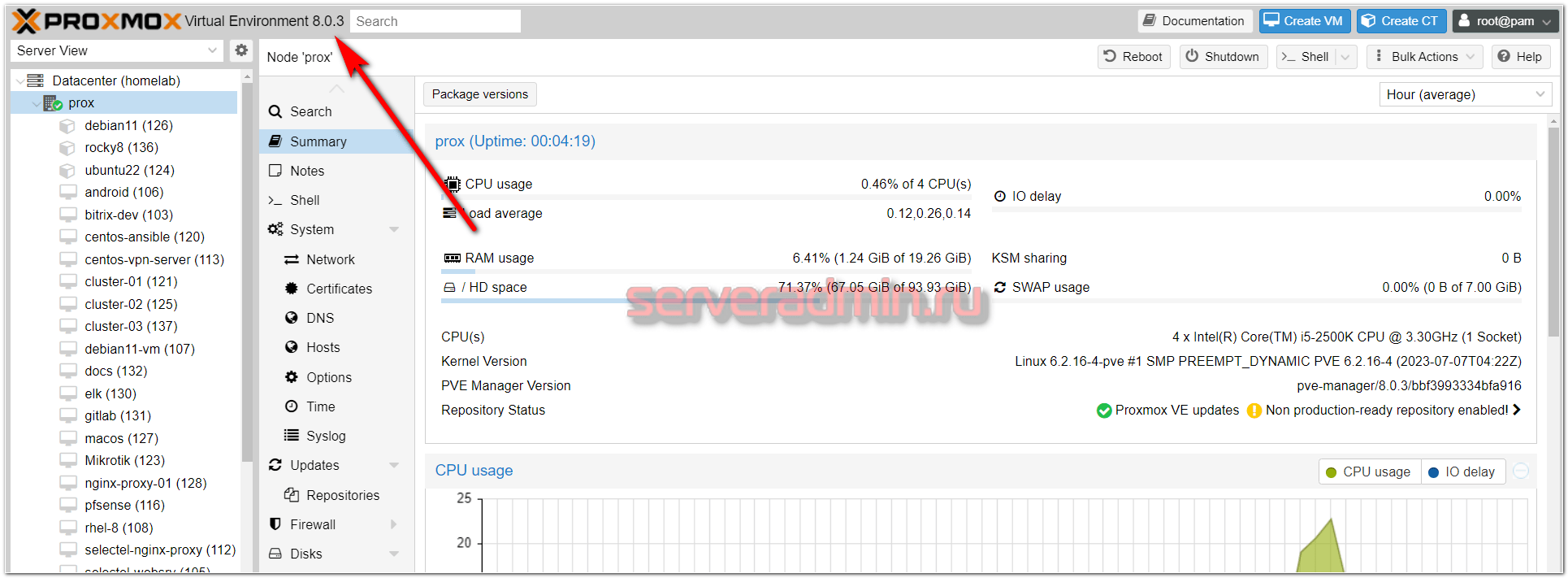 Веб интерфейс Proxmox VE 8.0