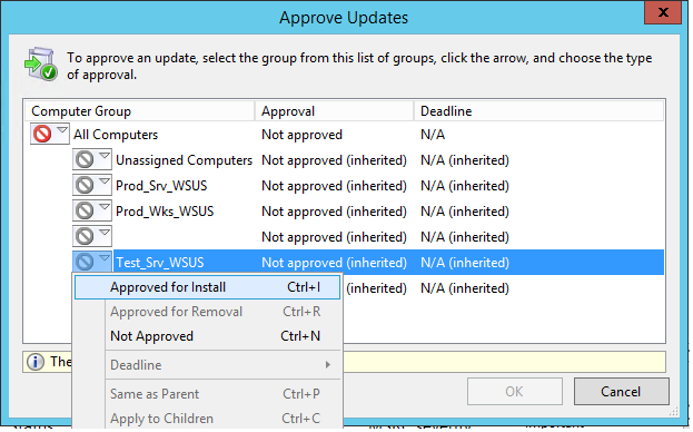 Approve for Install - одобрить обновление wsus для группы