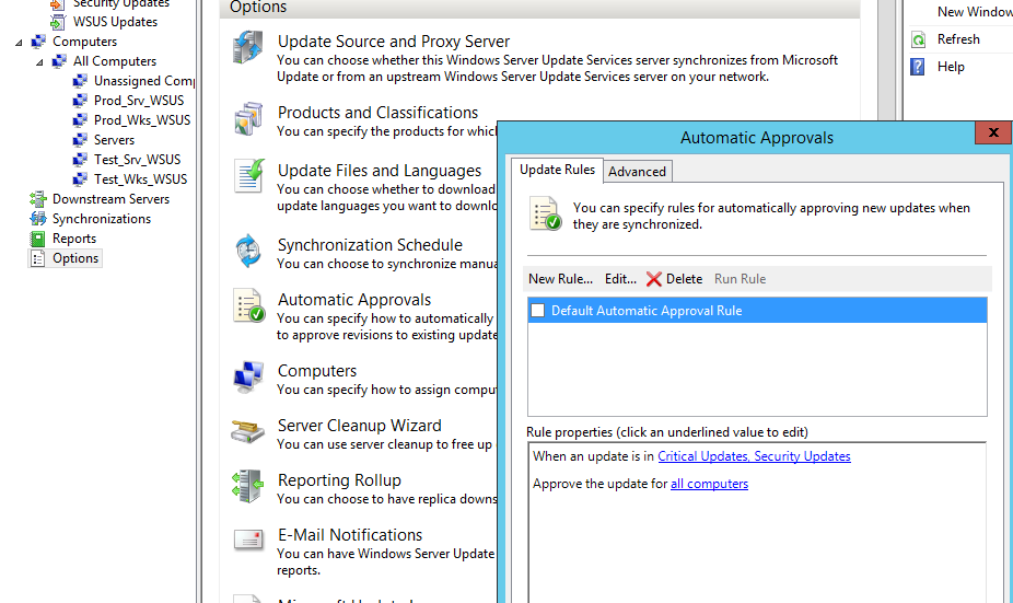 правила автоматического одобрения обновлений wsus