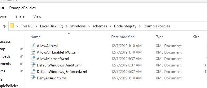 пример xml политик Windows Defender Application Control в каталоге CodeIntegrity ExamplePolicies