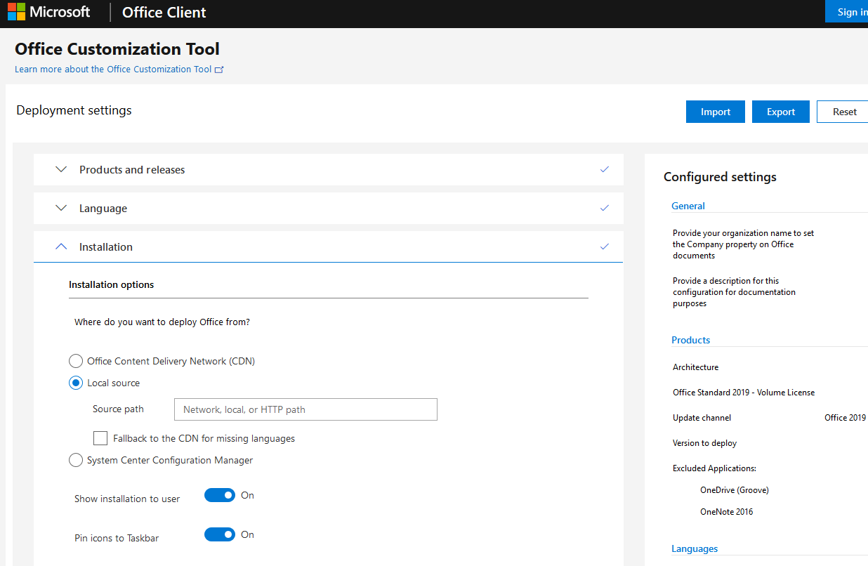 office customization tool - веб сервис для генерации xml файла для установки office 2019