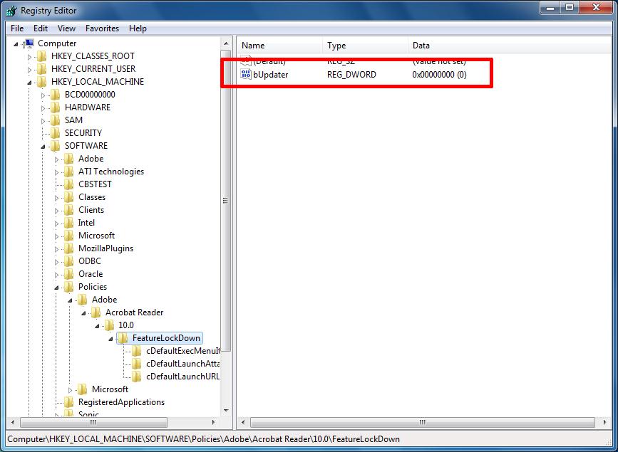 Отключить обновление adobe reader x через реестр 