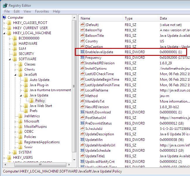 ключ отключения обновлений Java