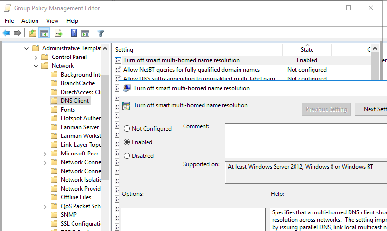 отключение протокола LLMNR через GPO Turn off smart multi-homed name resolution