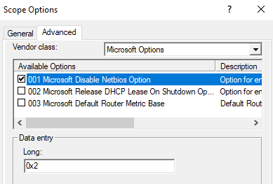 Отключение NetBios ддя клиентов DHCP опцией 001 Microsoft Disable Netbios Option 