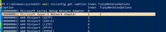 проверить, что netbios отключен wmic nicconfig get caption,index,TcpipNetbiosOptions