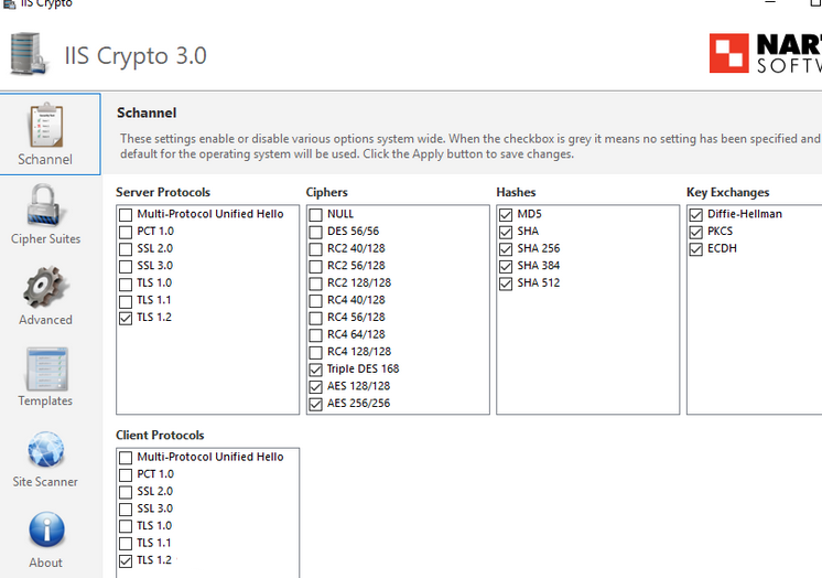 ISS Crypto GUI настройка доступных протоколов TLS в Windows Server