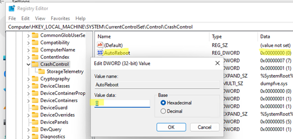 параметр реестра AutoReboot в ветке CrashControl