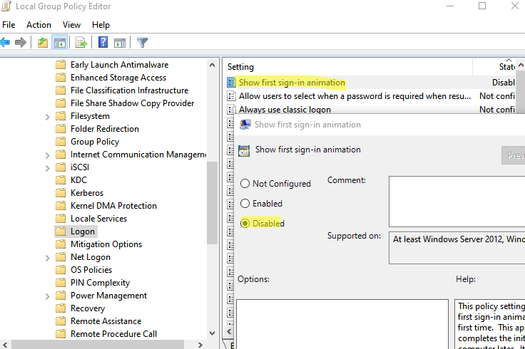 групповая политика - отключить анимуцию при входе Show first sign-in animation 
