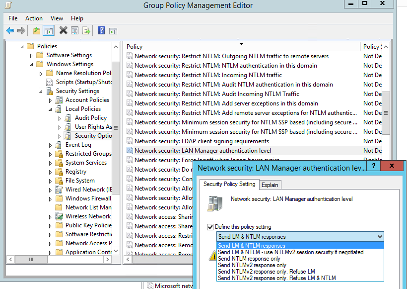 групповая политика Network Security: LAN Manager authentication level (Сетевая безопасность: уровень проверки подлинности LAN Manager).
