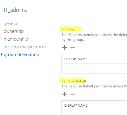 права отправки от имени группы рассылки в настройкая ящика в exchange admin center