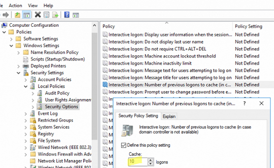 настройки политики Interactive logon: Number of previous logons to cache (in case domain controller is not available