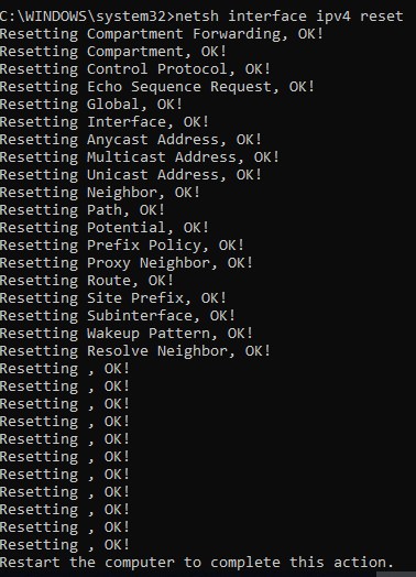 netsh interface ipv4 reset