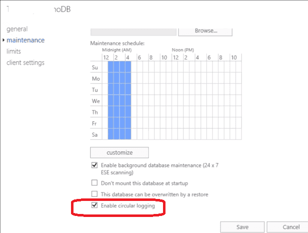 exchange включить Circular logging для автоматической очистки трназакционных логов