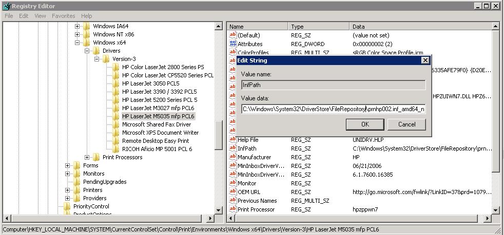 HKEY_LOCAL_MACHINE SystemCurrentControlSetControlPrintEnvironmentsWindows NT x64DriversVersion-3