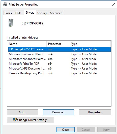 удалить драйвер с принт сервера