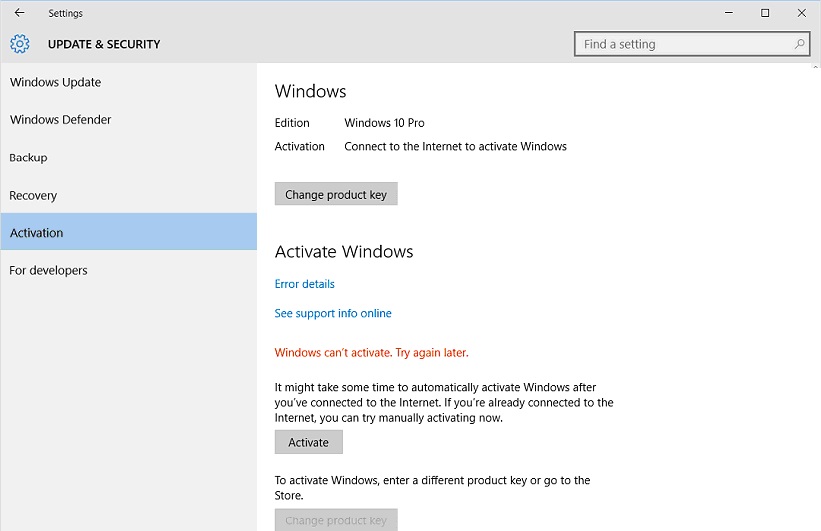 Windows can’t activate. Try again later
