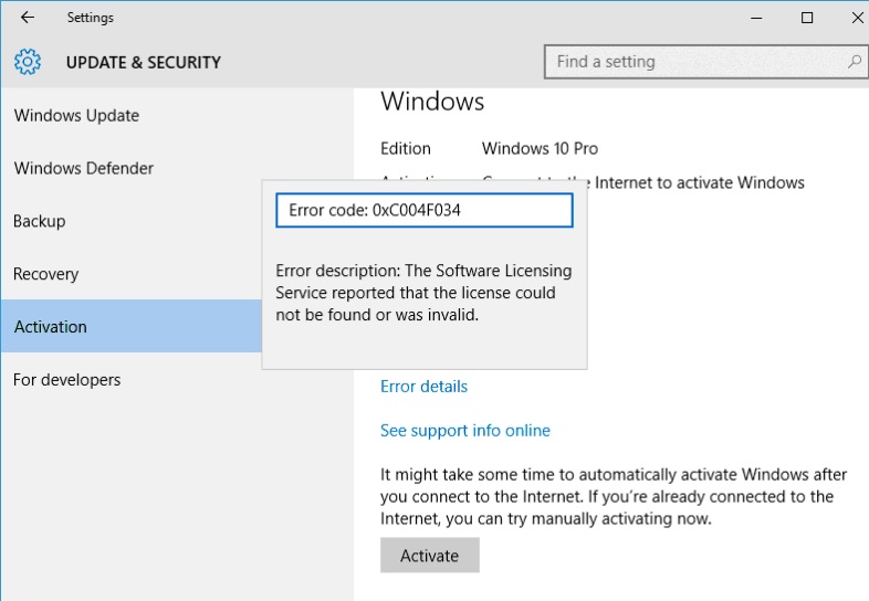 Ошибка активации Windows 10 0xC004F034