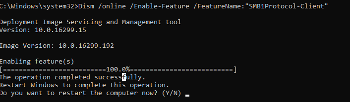 Dism установка SMB1Protocol-Client