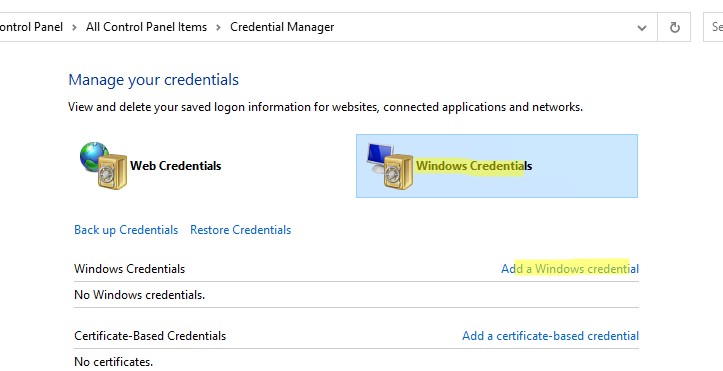 сохранить пароль для доступа к сетевой папке в windows credential manager