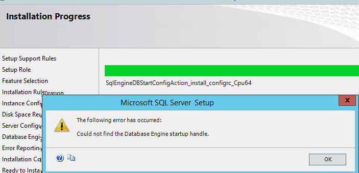 ошибка Could not find the Database Engine startup handle при установке SQL Server 2014