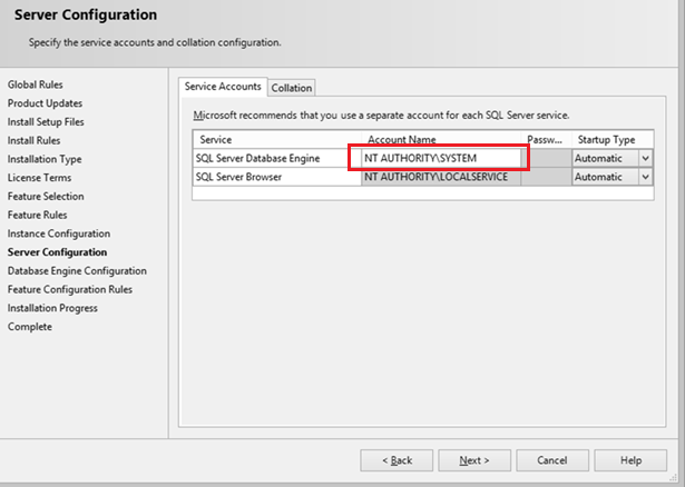 запуск установки MSSQLSERVER под NT AUTHORITYSYSTEM