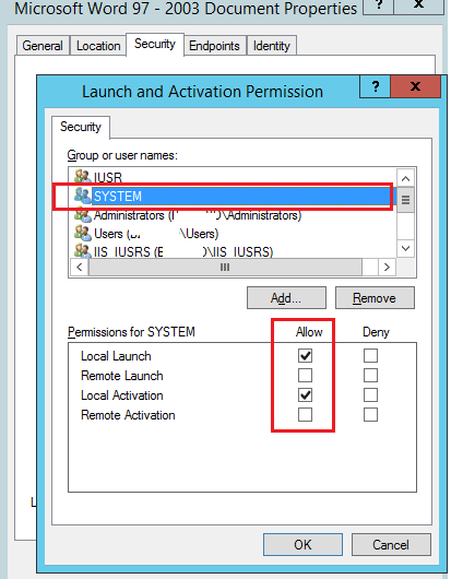 права Local Activation для system в dcom