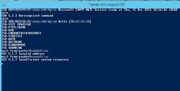 smtp ошибка 452 4.3.1 Insufficient system resources