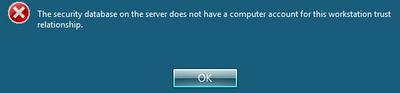 The security database on the server does not have a computer account for this workstation trust relationship