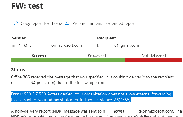 ошибка пересылки почты на внешний email в exchange online (microsoft 365)